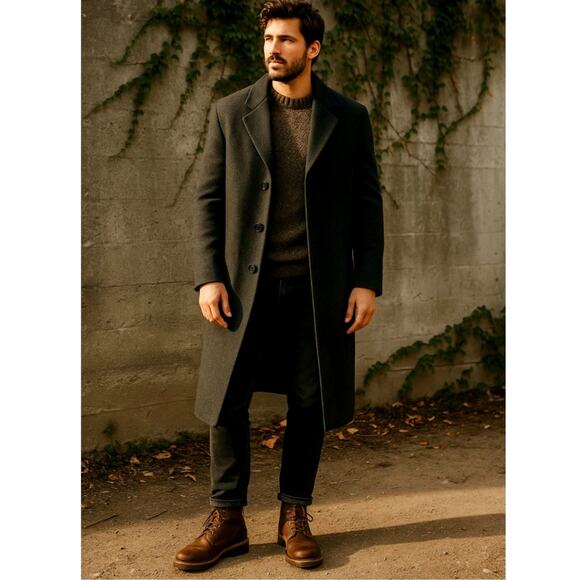 NEW! Huckberry Mens XL 100% Virgin Wool Trench Coat Long LUXURY Overcoat Black - Picture 1 of 8